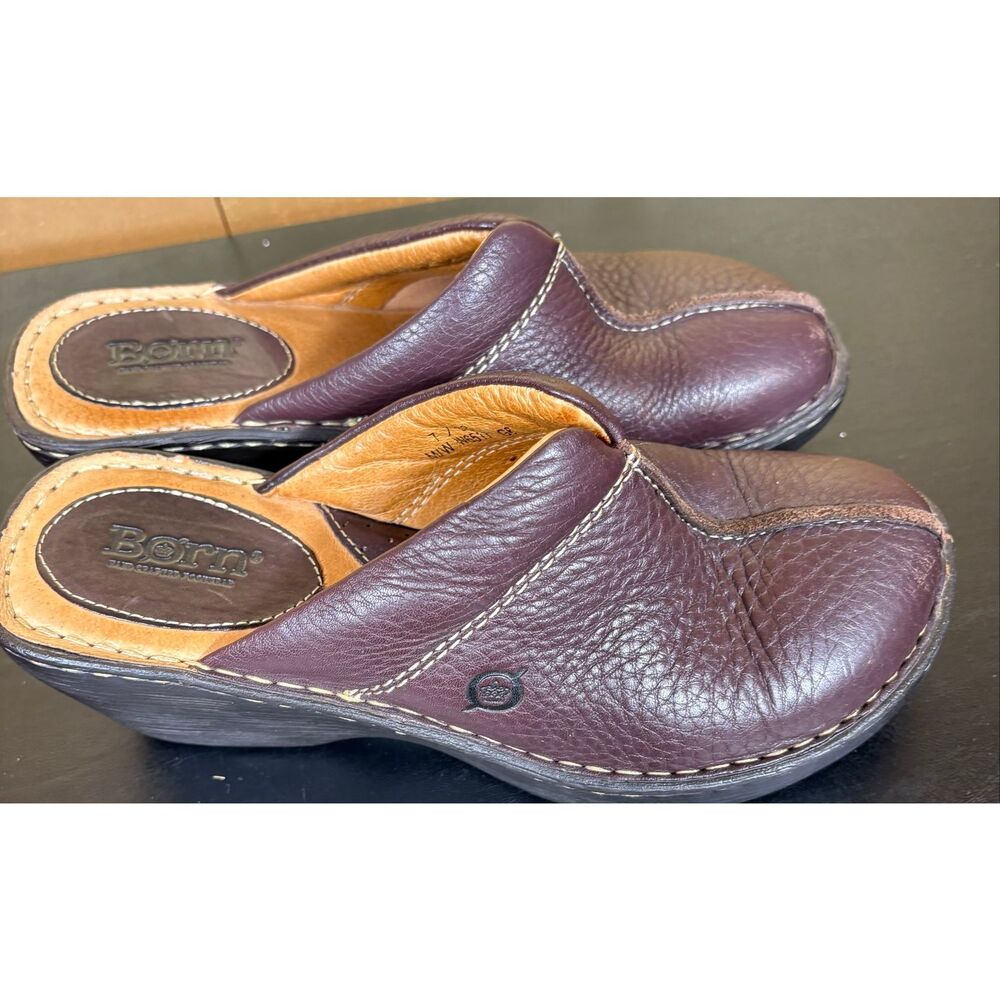 BOC Born Brown Leather Mules Clogs Slides Slip On Block Heel Shoes Womens Size 7 - Picture 2 of 6